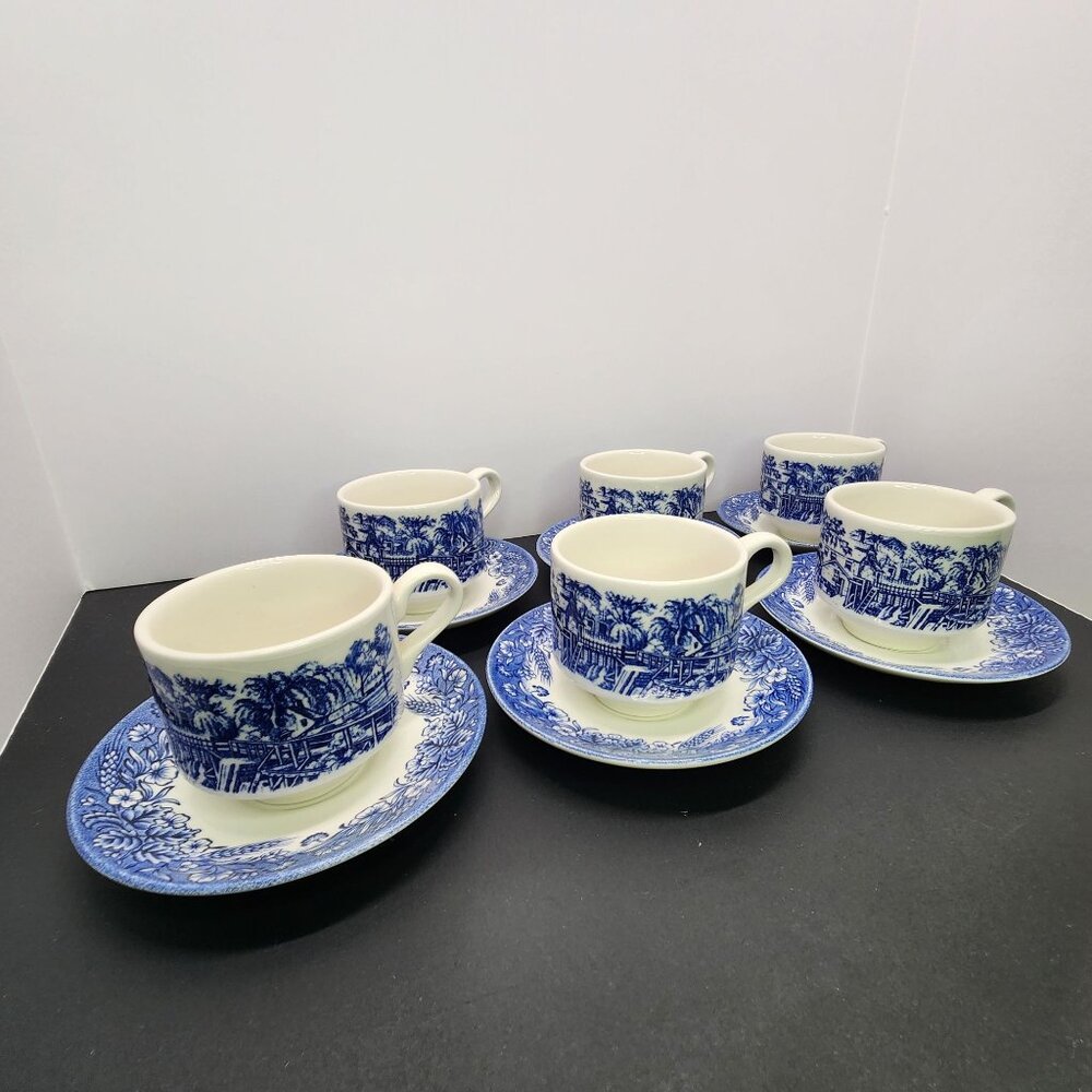 Vtg Churchill Currier and Ives Harvest Heritage Mint Cups & Saucer Set of 6